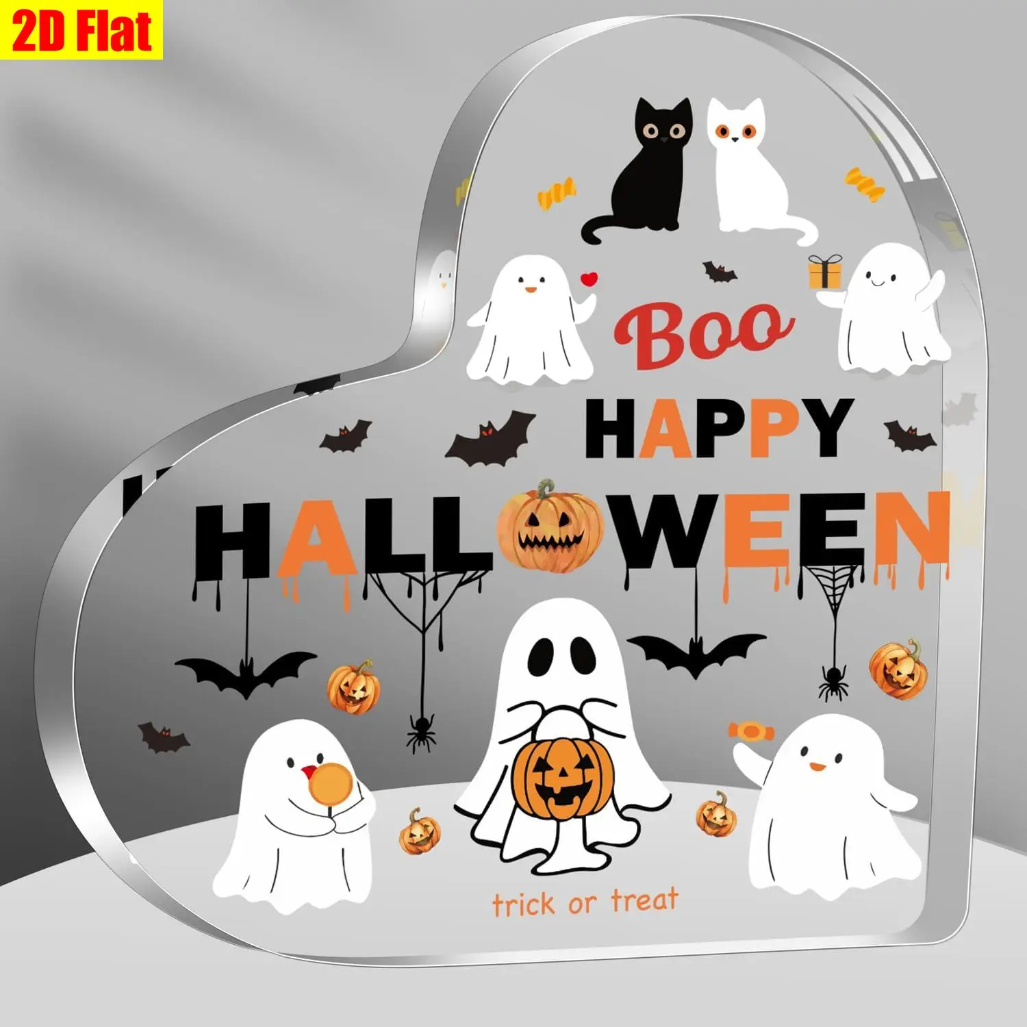 Trick Or Treat Ghost Pumpkin Bat Heart Acrylic Tabletop Sign,Cute Cartoon Ghost Black & White Cat Heart‑Shaped Acrylic Keepsake,Halloween Tabletop Decor
