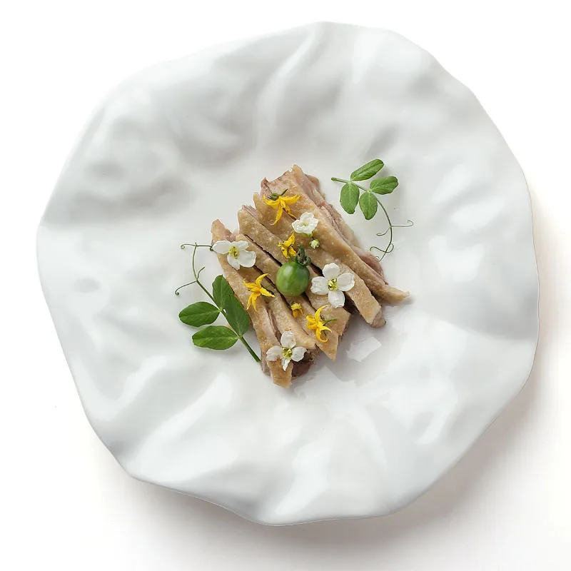 Irregular White Ceramic Dinner Plate - Pleated Design Serving Tray