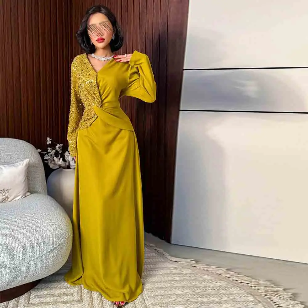 Maßgeschneidertes Pailletten-Satin-Abendkleid V-Ausschnitt Langarm Hochzeitsgast Maxikleid A-Linie Abaya Formeller Kaftan