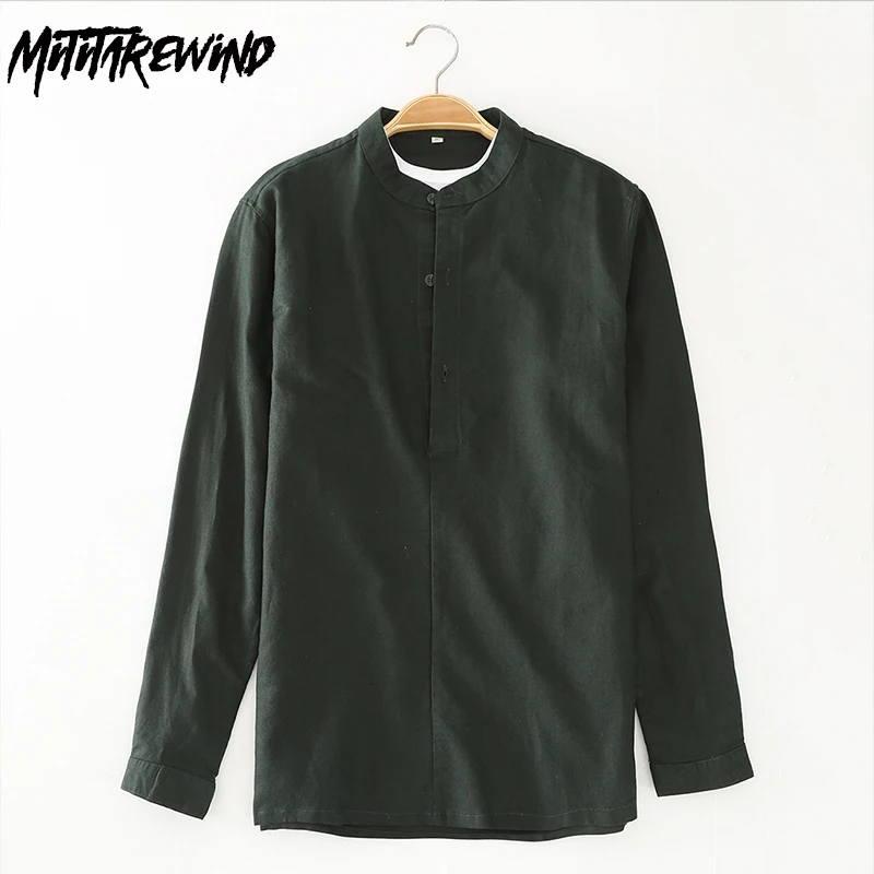 

New Men Long Sleeve Top Spring Autumn Daily Casual Tshirts Cotton Linen Black Stand Collar Pullover Shirt Japan Vintage Clothes