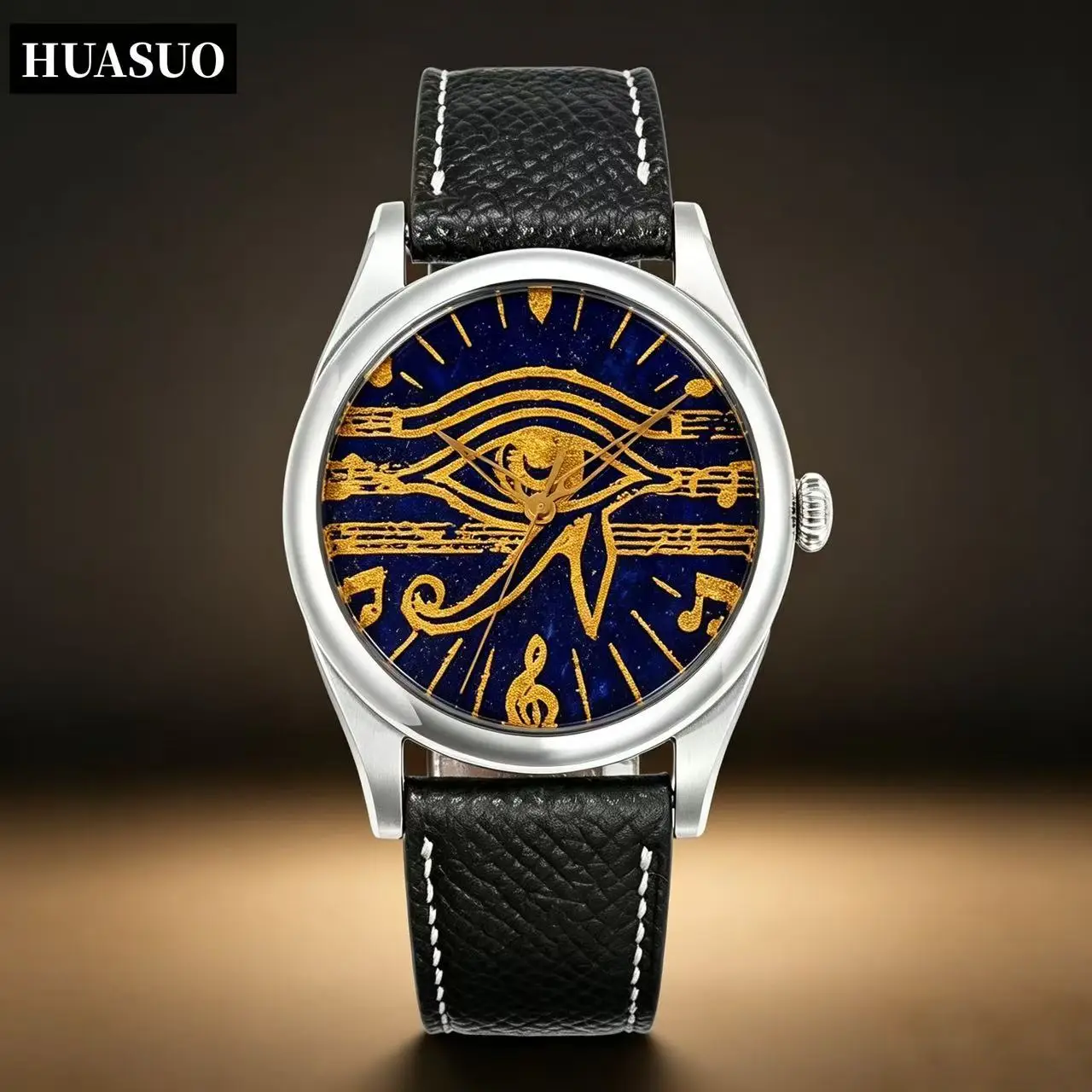 HUASUO 38MM Ancient Egyptian Secret Pattern Luxury Mens Watch PT5000 SW200 Automatic Mechanical Stainless Steel 50M Waterproof