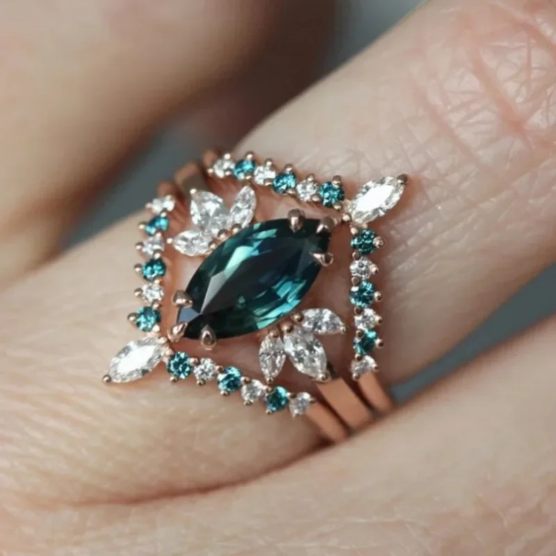 3-teiliges Set einzigartiger Verlobungsringe, künstlicher, glänzender blauer Zirkon-Ring für Frauen, Bankett, Hochzeit, eleganter Schmuck