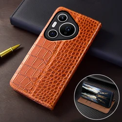 Flip Case For HUAWEI Pura 80 70 Pura70 Pro+ Ultra 5G Crocodile Pattern Magnetic Cover Cowhide Genuine Leather Wallet Covers