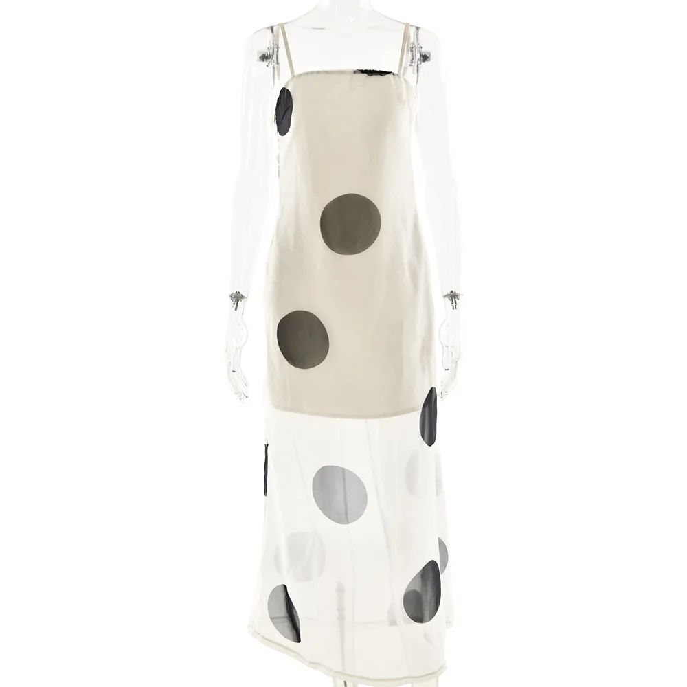 Polka dot impresso dupla camada feminina maxi vestido sexy ver através de malha vestido de verão magro elegante festa vestido de noite