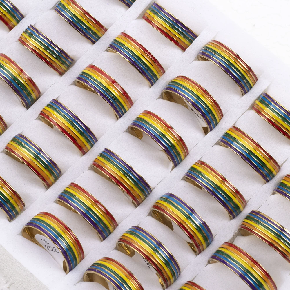 30pcs Wholesale 6 Row Color Enamel Waterproof Men Ring Rainbow Stripe Stainless Steel Ring For Women Colorful Band Ring Lovers G