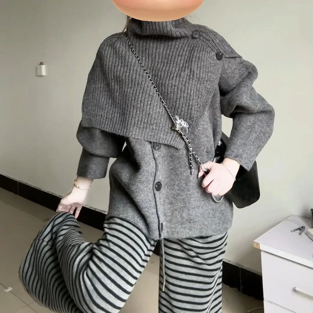 Conjunto de dos piezas de suéter y punzón de punto con cuello alto para mujer, conjunto coreano Sle de diseño Irregular para principios de otoño