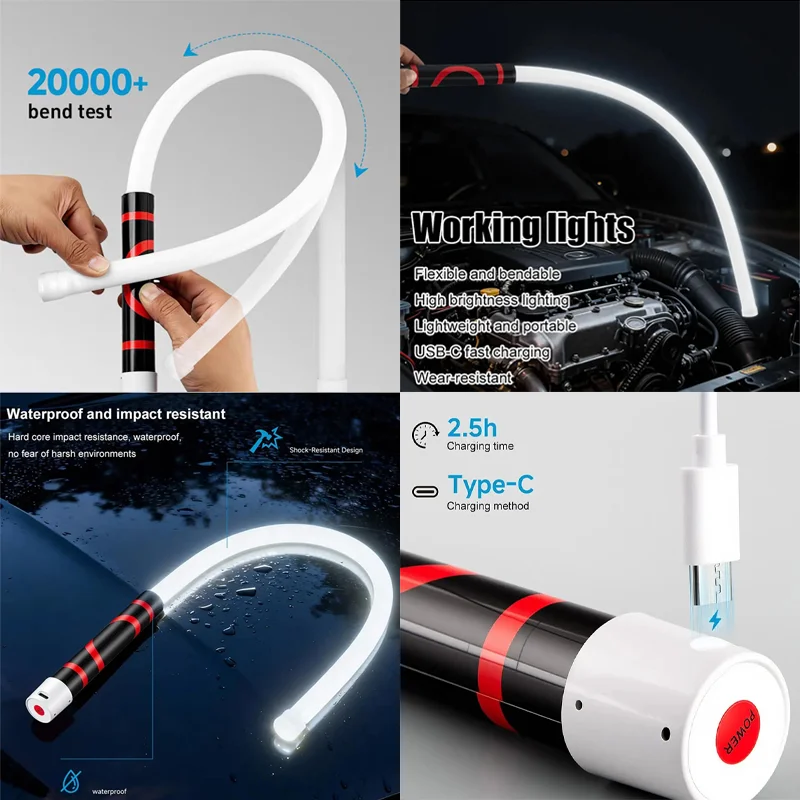

Multifunctional Led Work Light Strip Flexible Bendable 800 Lumens USB-C Rechargeable 3 Modes Waterproof Automotive Repair Tool