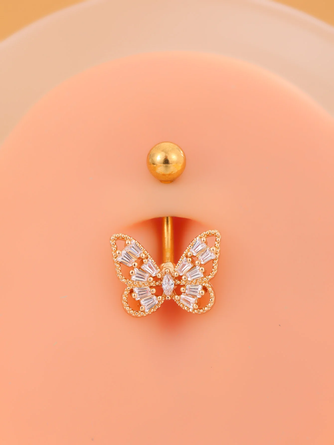 1 Stück Goldfarbener Kristall-CZ-Bauchnabelpiercing Schmetterling Biene Edelstahl Gebogener Bauchnabelring 14G Hängender Bauchnabelpiercing-Ring – Detail 21