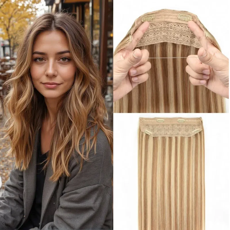 

Наращивание волос One Piece Fish Line Extensions из натуральных волос, 12-26 дюймов # 1B для причесок-хвостиков и высоких причесок с объемом