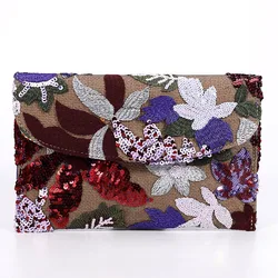 Bling Sequins Embroidery Clutch Bag Women Cotton Linen Envelope Evening Party Handbag Floral Pattern Ladies Wedding Prom Purse