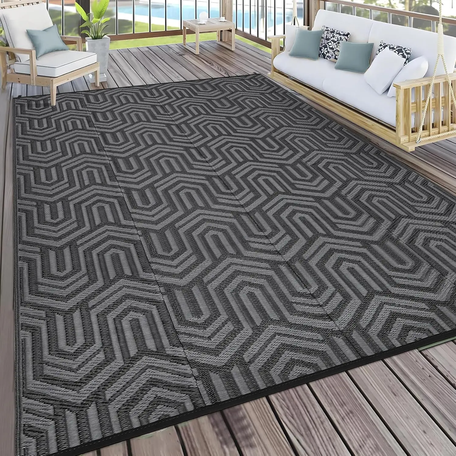 

Outdoor Rug 8x10 Waterproof Patio Rugs Abstarct Line Reversible Mat for Front Door Rv Foldable Plastic Straw Carpet for Trave