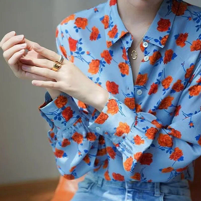 Elegant Vintage Floral Print Blouse for Female Spring Autumn Fashion Korean Long Sleeve Turn-down Collar Shirt Women\'s Clothing