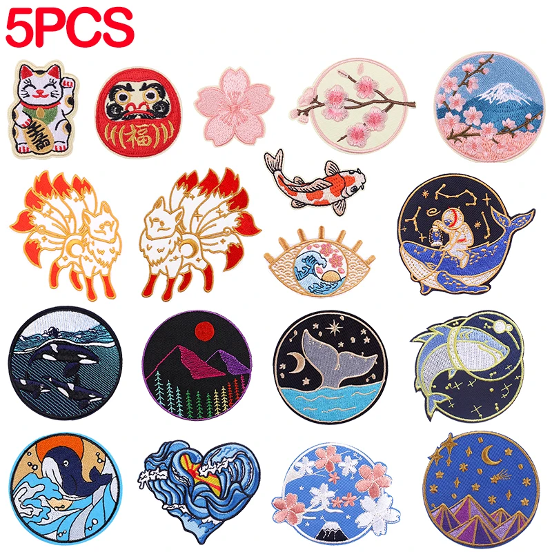 5 Stück/Set Japan Anime bestickte Aufnäher DIY Kirschblüten Mount Fuji Bügelbilder für Kleidung Thermoadhäsive Aufnäher