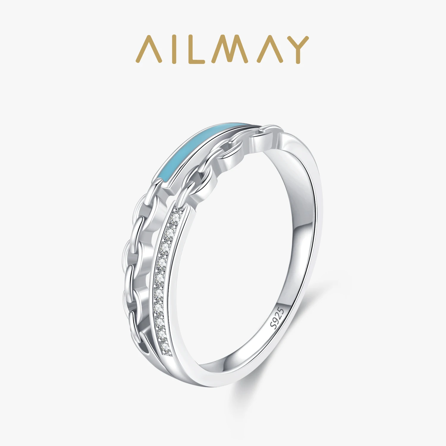 Ailmay 925 Sterling Silver Exquisite Trendy Chain Shaped Enamel Stackable Zircon Finger Ring For Women Wedding Statement Jewelry