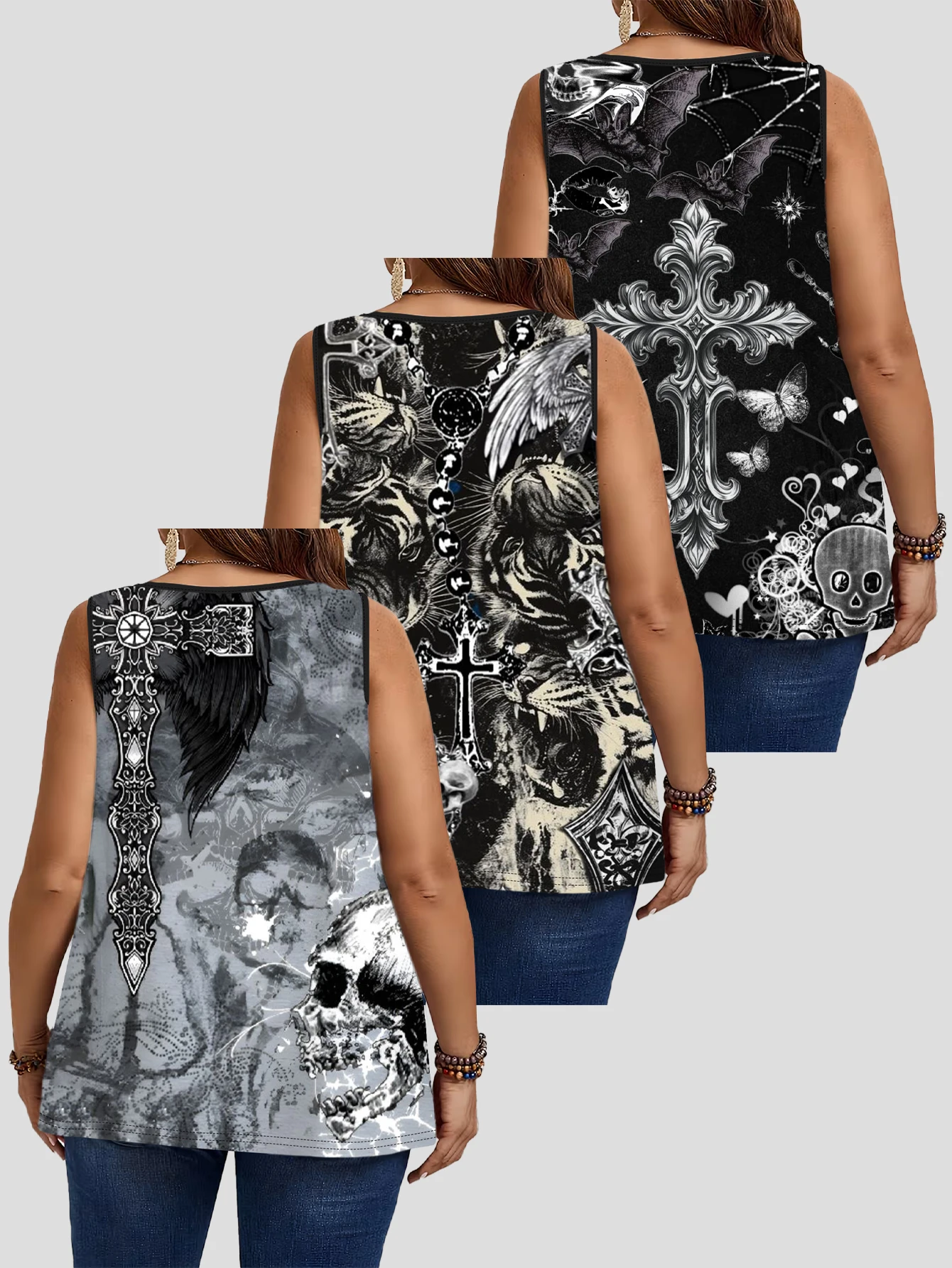 3-Piece Set of Plus-Size Women's Vintage Tiger Cross Skull Wings Art Print Tank Tops, Round Neck Loose Sleeveless Tops