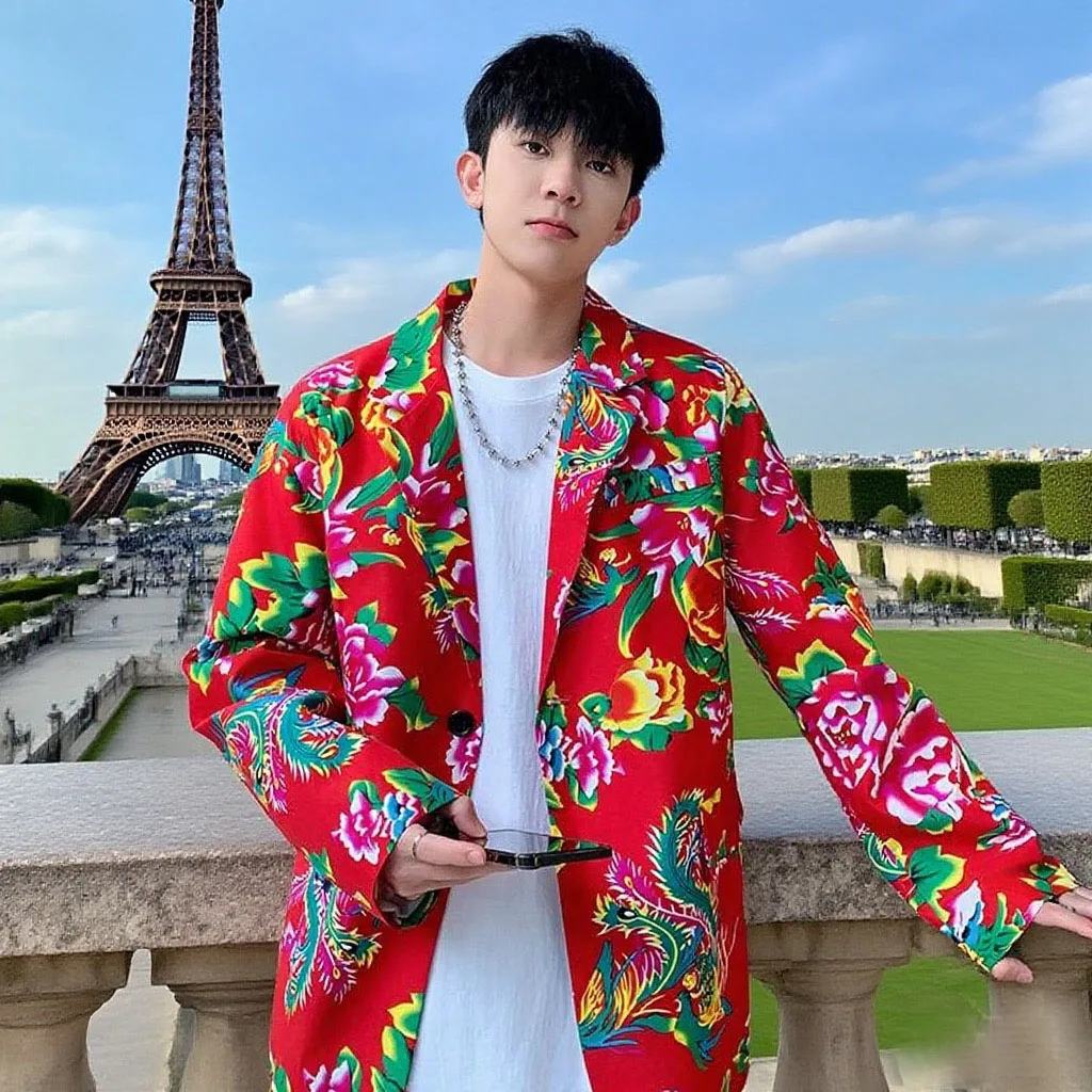 Men's Single-Breasted Oversized Blazer Loose Fit Chinese Ethnic Print Unisex Folk Style Cardigan Coat Jacket plus Sizes M-5XL