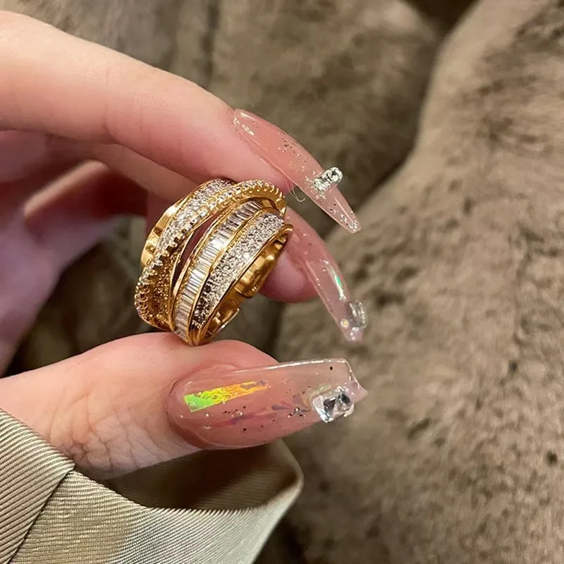 French Luxury Designer Diamond Inlaid Zircon Ring Adjustable Multi-Layer Shiny Heavy Industry Style