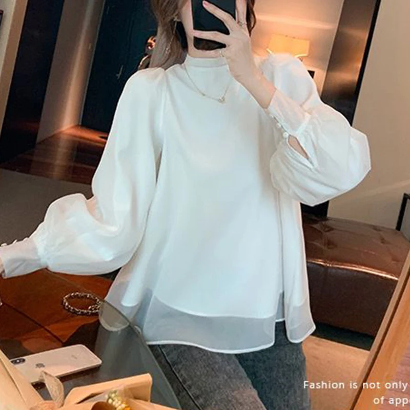 Spring Summer Solid Color Stand Collar Elegant Fashion Bow Shirt Lady Long Sleeve Temperament All-match Top Women Vintage Blouse