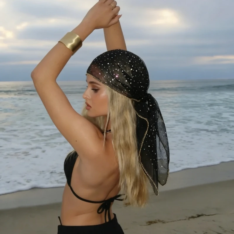 Ladies' Summer Sequin Decoration Elegant Square Scarf Fashionable Casual Exquisite Headscarf Beach Outdoor Sunshade Scarf