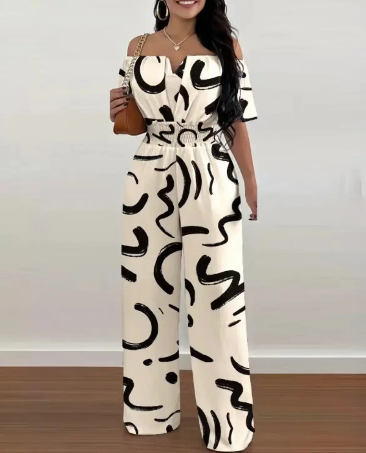 

2024 Summer Fashion Printed Wide Leg Jumpsuit Women Sexy Beach Style Off-shoulder High Waist Jumpsuit Womem