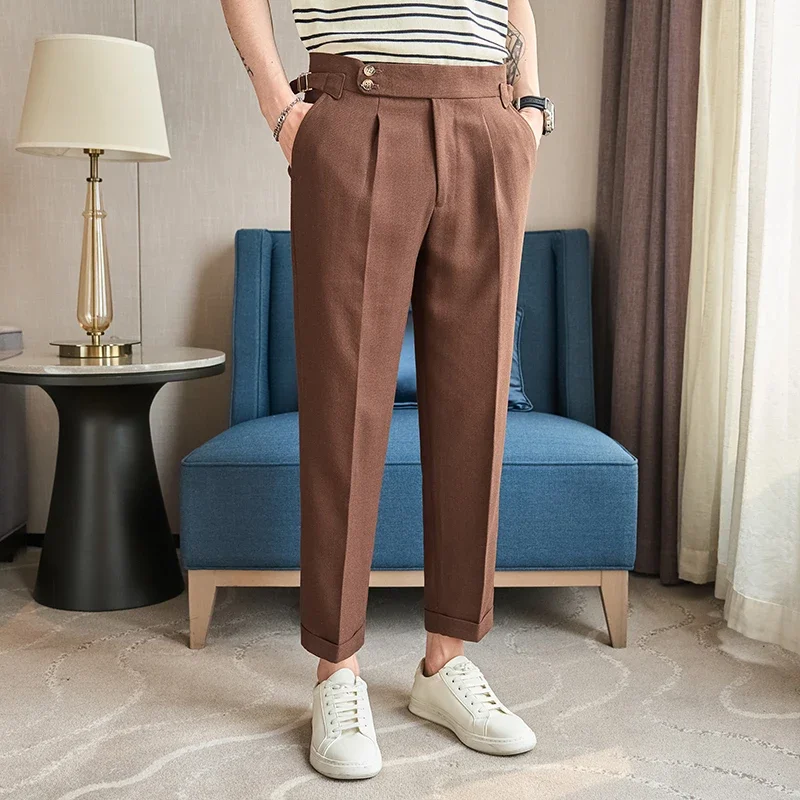 British Style Naples Men\'s High-end Linen Pants High Waist Straight Slim Fit Casual Trousers High Quality Solid Social Suit Pant