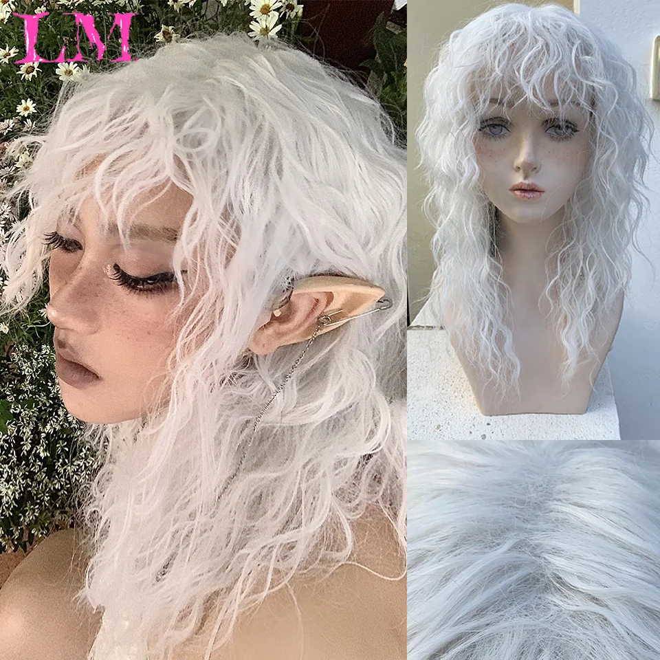 

LM Curly Synthetic Wigs for Women Long White Wigs with Bangs Heat Resistant Hair Colored Party Cosplay Hair Wig