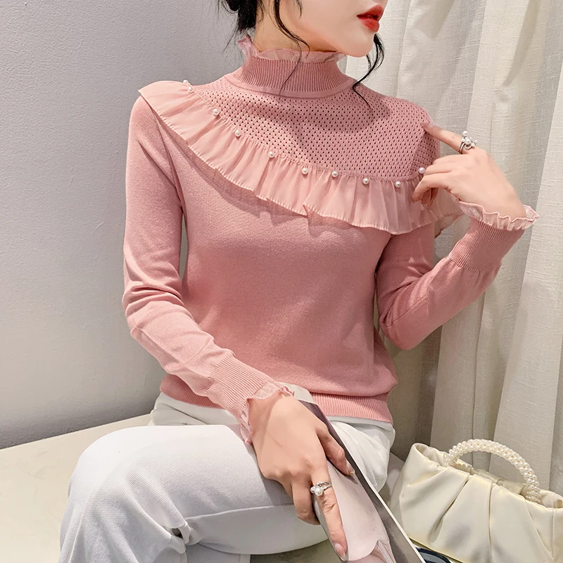 

2024 New Fall Winter Clothes Knitted Sweater Chic Sexy Patchwork Ruffles Beading Women Long Sleeve Workwear Pullover Tops 311178