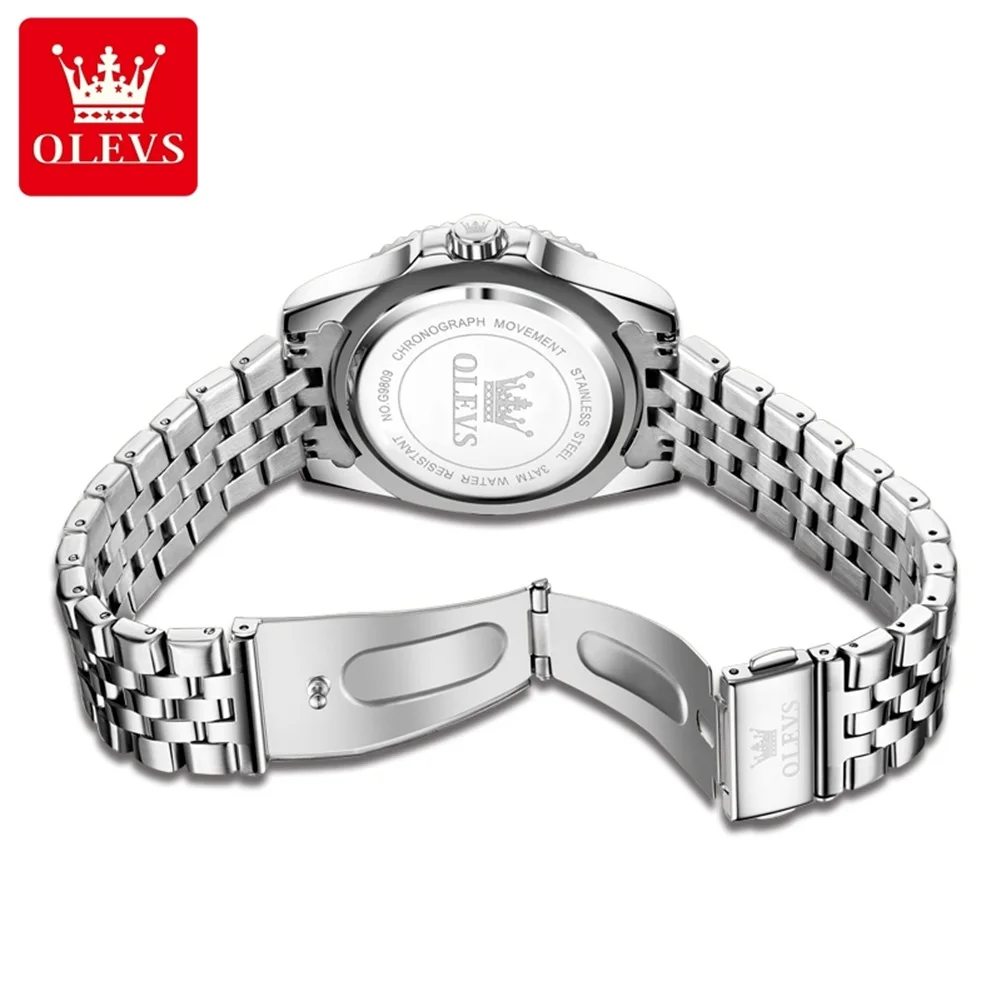 OLEVS-reloj analógico de acero inoxidable para hombre, nuevo accesorio de pulsera de cuarzo resistente al agua con bisel giratorio y temporizador, complemento masculino de lujo con esfera luminosa y calendario, 9809