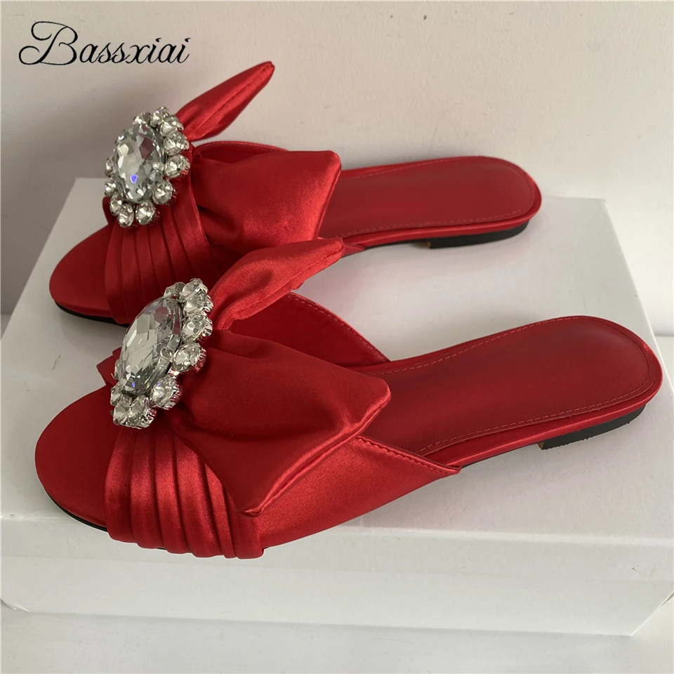 

Luxury Satin Pleated Butterfly-Knot Mules Summer Sexy Open Toe Crystal Rhinestone Buckle Decor Flat Heel Slippers Women