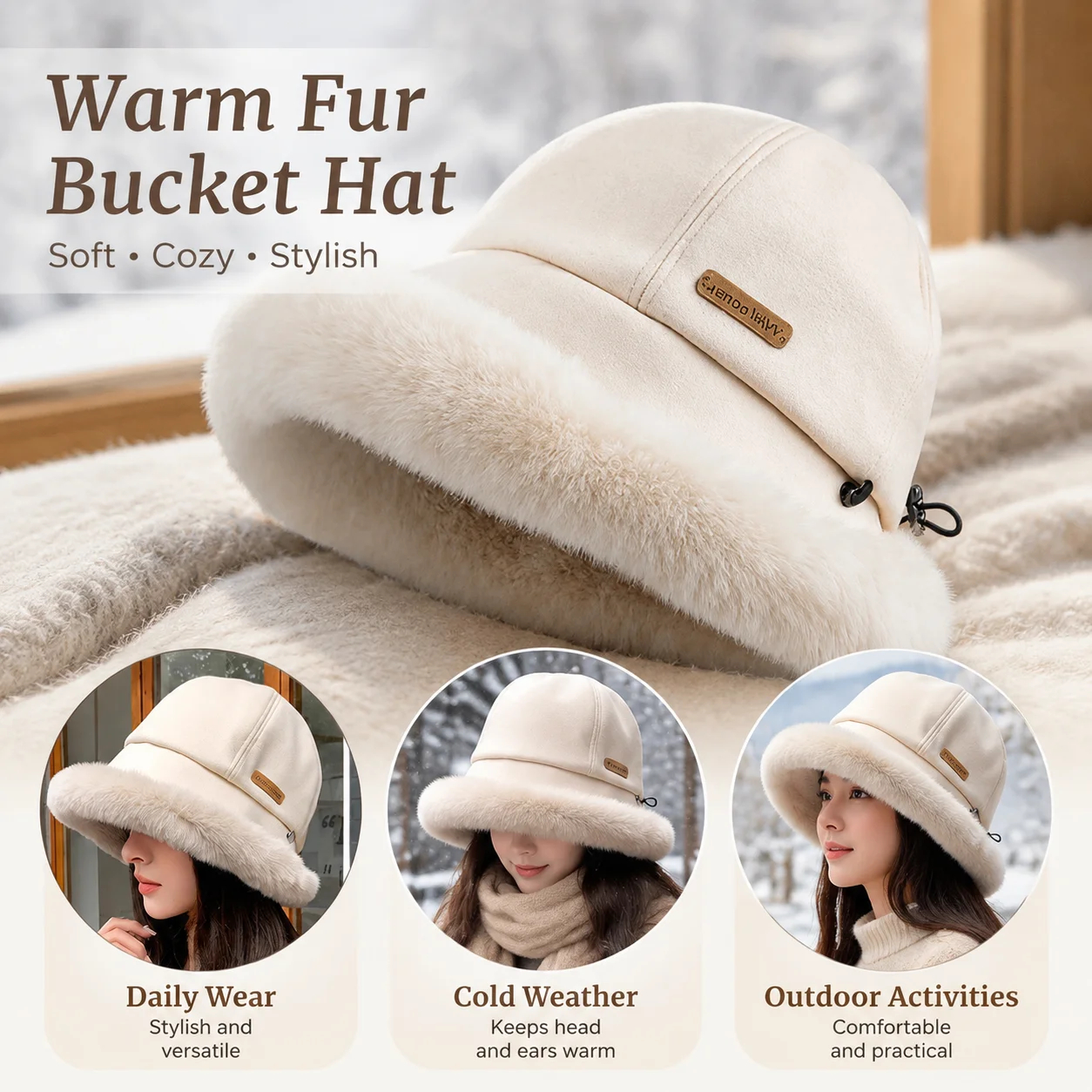 Bucket Hat Soft Winter Outdoor Casual Wear for Women Faux Fur Warm Fisherman Cap Thickened Plush Sun Hat Travel Gear