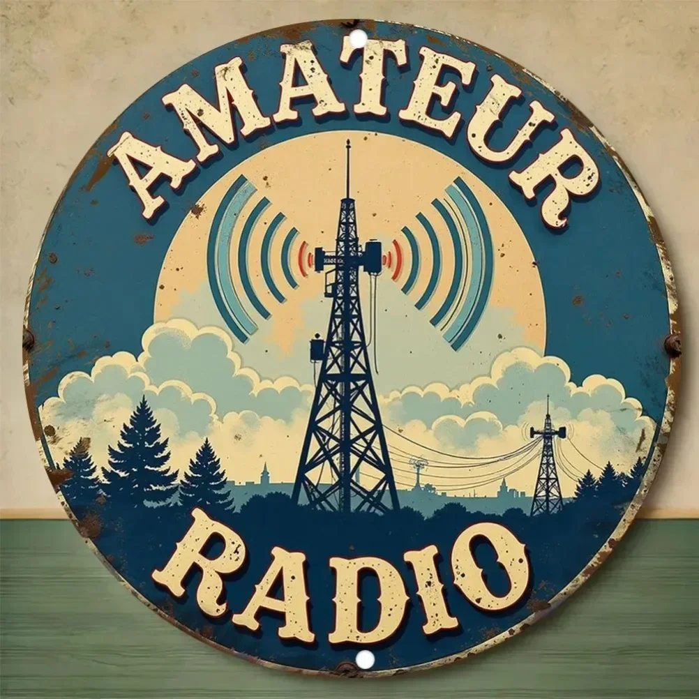 Vintage Amateur Radio Metal Wall Plaque - Old-Style Blue & White Iron Decoration | Waterproof & Effortless to Install