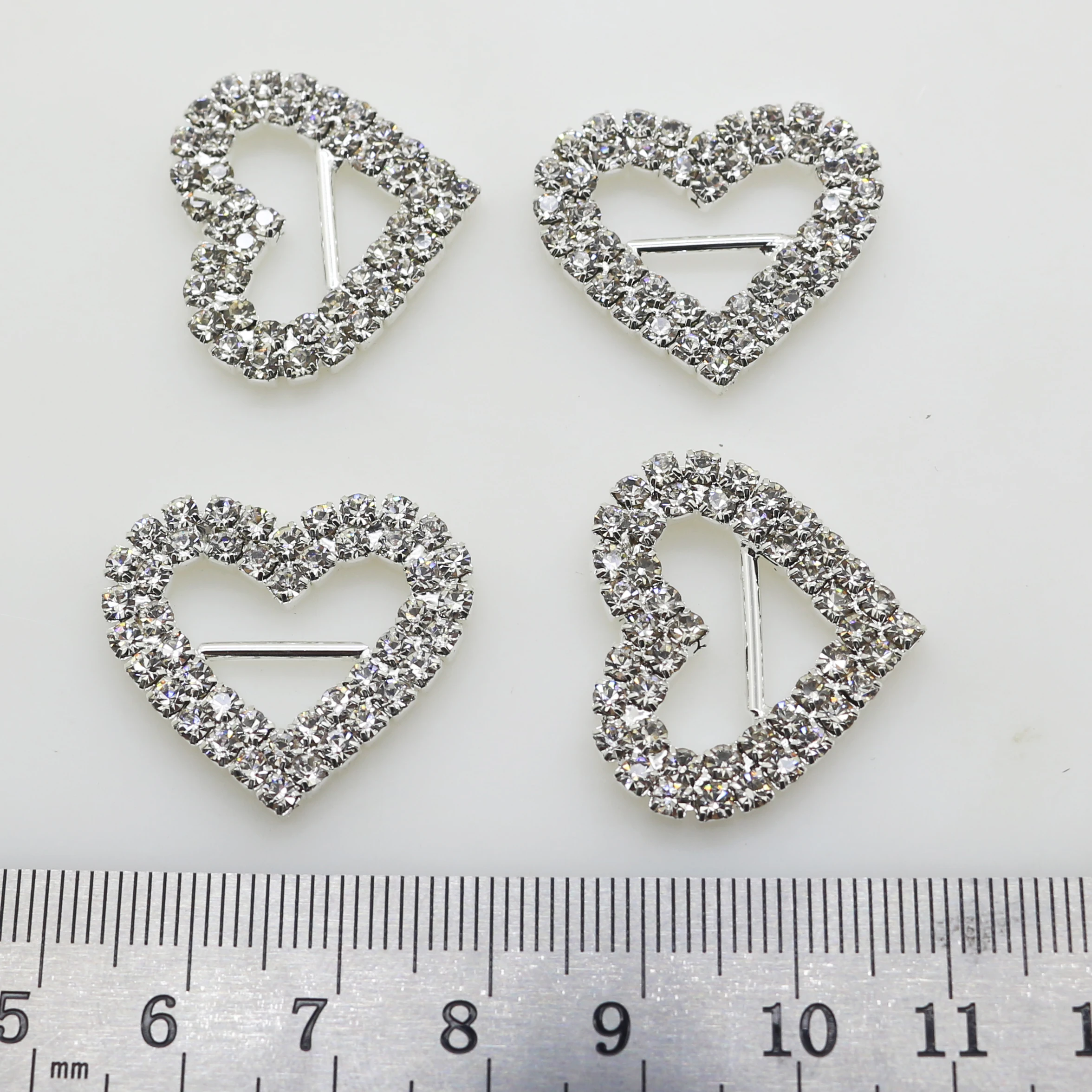 10Pcs 26*23MM Double Row Heart Clear Crystal Slider Buckles For Dress Sewing Envelope Gift Box Ribbon Decoration DIY Accessories