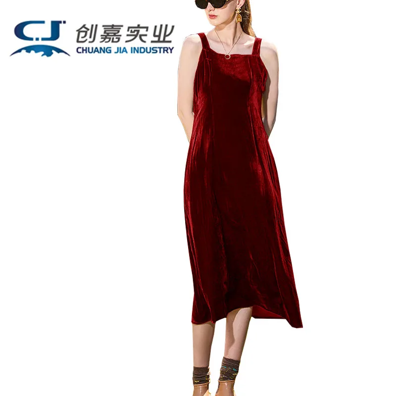 Silk Velvet Spring Autumn Women's Halter Dress Youth Trend Light Luxury Comfortable Skirt Soft Luster Wine Red Women's Clothing