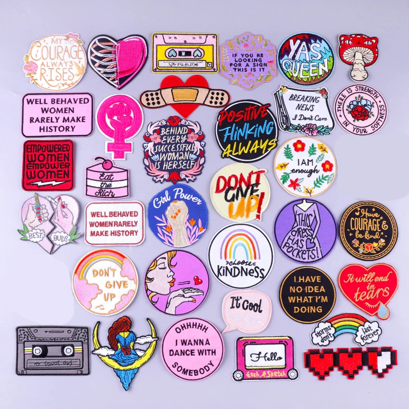 

Girl Power Cartoon Letters Stripes Applique Iron On Patches On Clothes Flowers Embroidered Patches For Clothing Stickers Badges