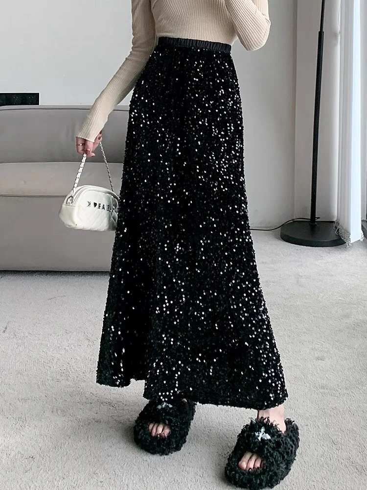 Elastyczna spódnica do kolan z cekinami dla kobiet, jesienna, o średniej długości, wyszczuplająca, w kształcie litery A, do pracy, model A78039