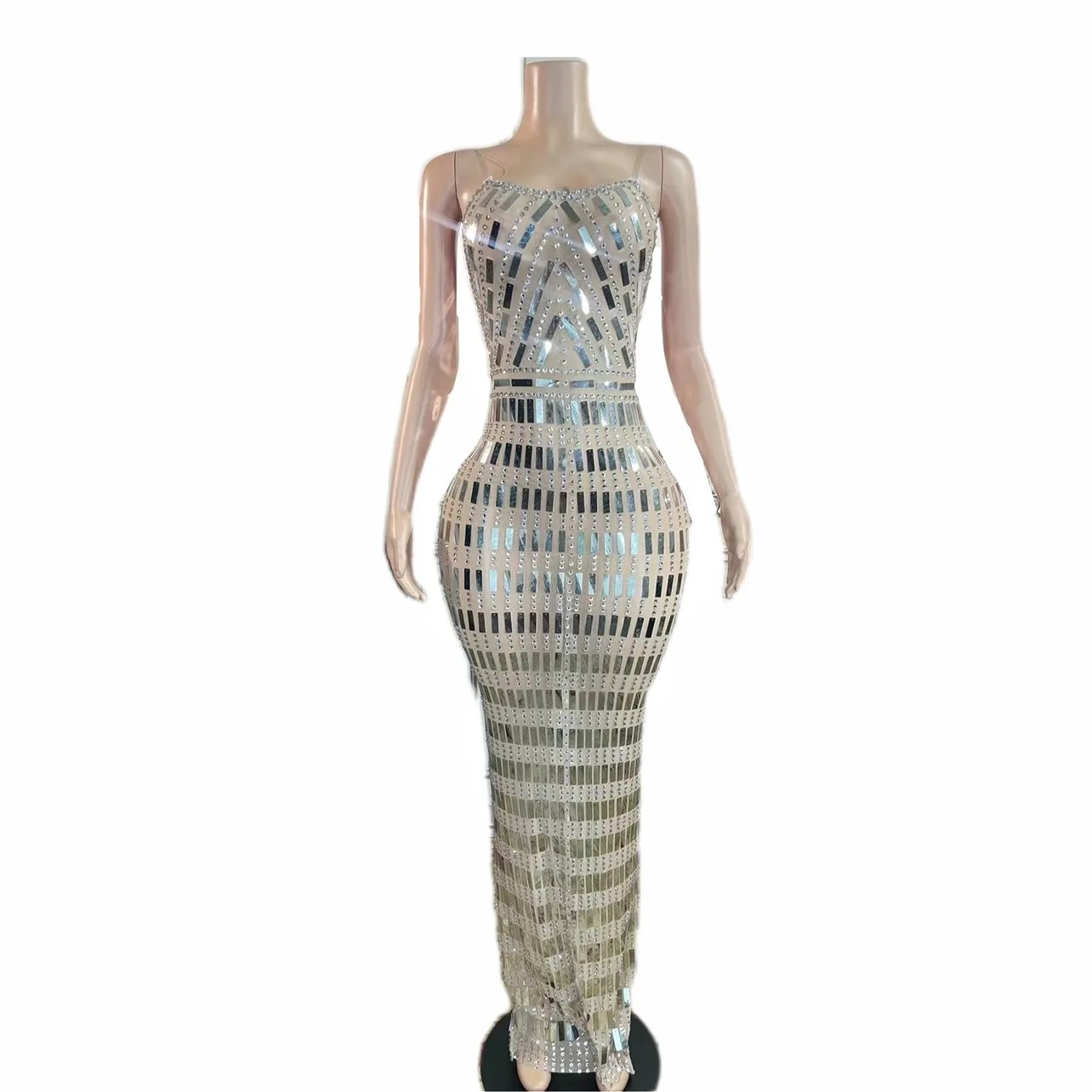 New Sparkly Silver Rhinestones Transparent Sleeveless Dress Prom Party Birthday Celebrate Stones Outfit Evening Singer Costume