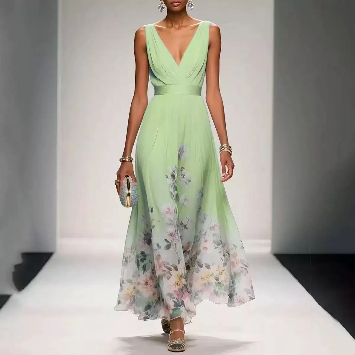 Elegant Party Dress V Neck Sleeveless Wedding Guest Dresses Long Evening Dress Wrap Front Maxi Dress A Line Lightweight Formal