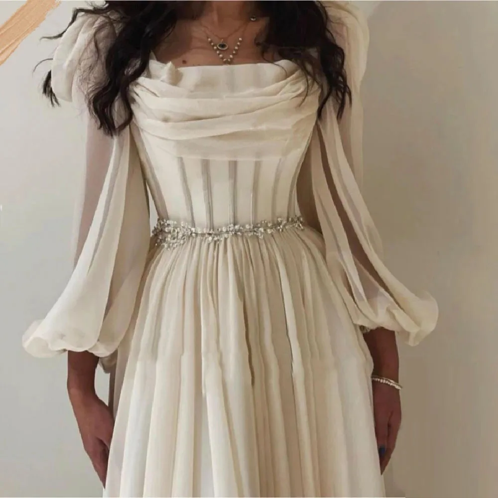 Eightale Evening Dresses Arabic Chiffon Long Sleeves Customized Tea Length Beaded Belt Wedding Prom Party Gowns for Graduation