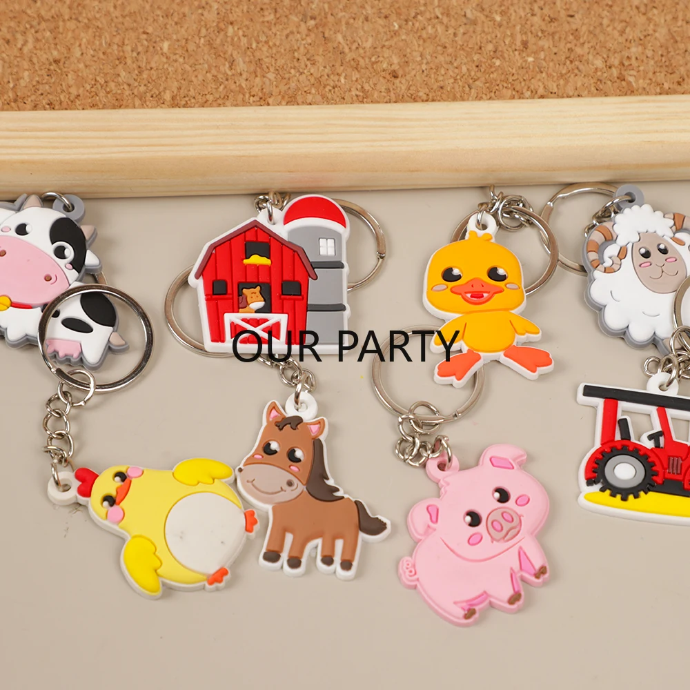 8Pcs/set Cute Farm Animal Theme Keychains Backpack Pendant for Kids Birthday Party Favors Baby Shower Goodie Bag Pinata Fillers