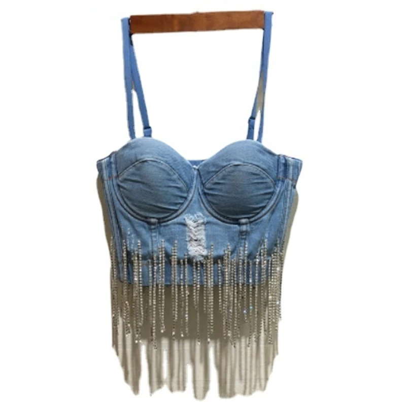 Moda z diamencikami i frędzlem biustonosz bez ramiączek kamizelka dżinsowa koszula kobiety Sexy klub nocny taniec kowboj Camisole Jeans krótki Top Ropa Mujer — zdjęcie 7