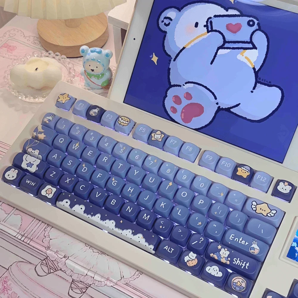 Cute Bear Blue Keycap Picking Stars PBT MOA Five-Sided Sublimation Keycap Cartoon Mechanical Keyboard Keycaps For Girls