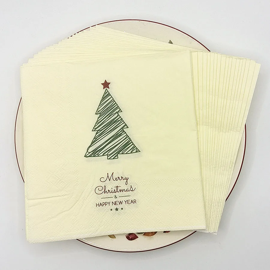 Christmas Tree Napkins, Merry Christmas & Happy New Year Paper Napkins, 2-Ply Xmas Dinner Napkins for Holiday Party Table Decor,