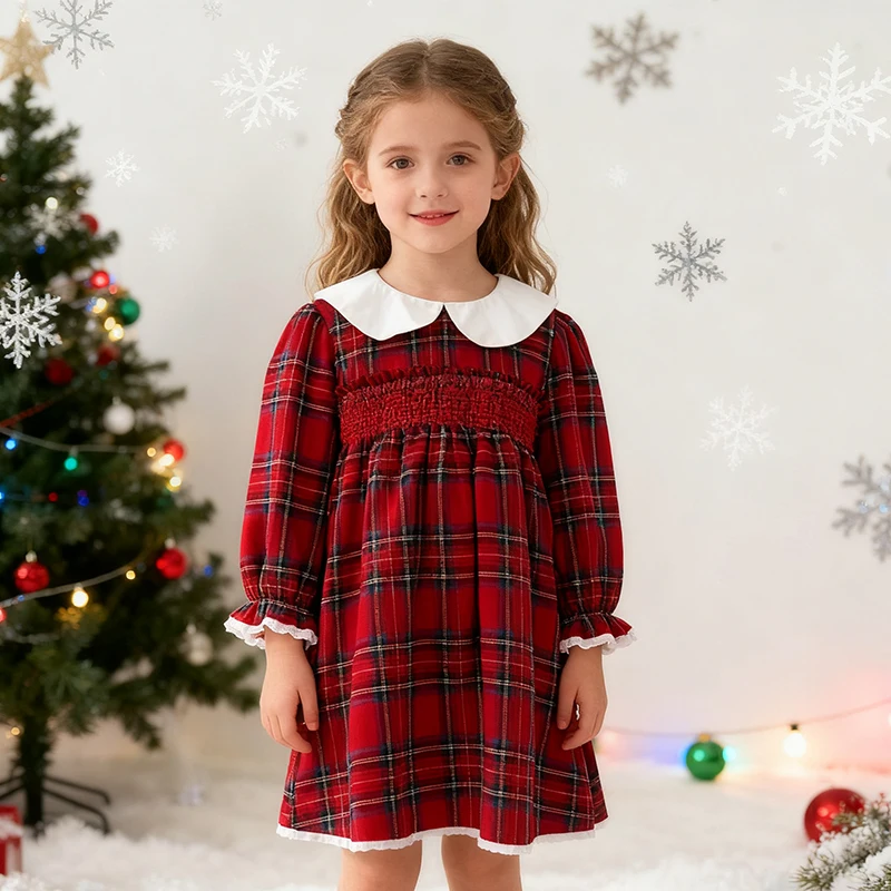 New Year 2-6Yrs Girl Party Dress Sister Dress Christmas Clothes Long Sleeved Cotton Grid Kids Princess Dresses Children Clothes
