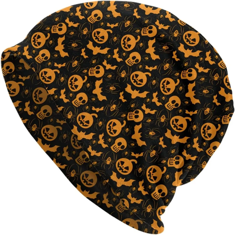 

Halloween Themed Beanie, Black - Based with Pumpkin, Skull, Bat and Spider Motifs, Spooky & Festive, for Halloween Night Events