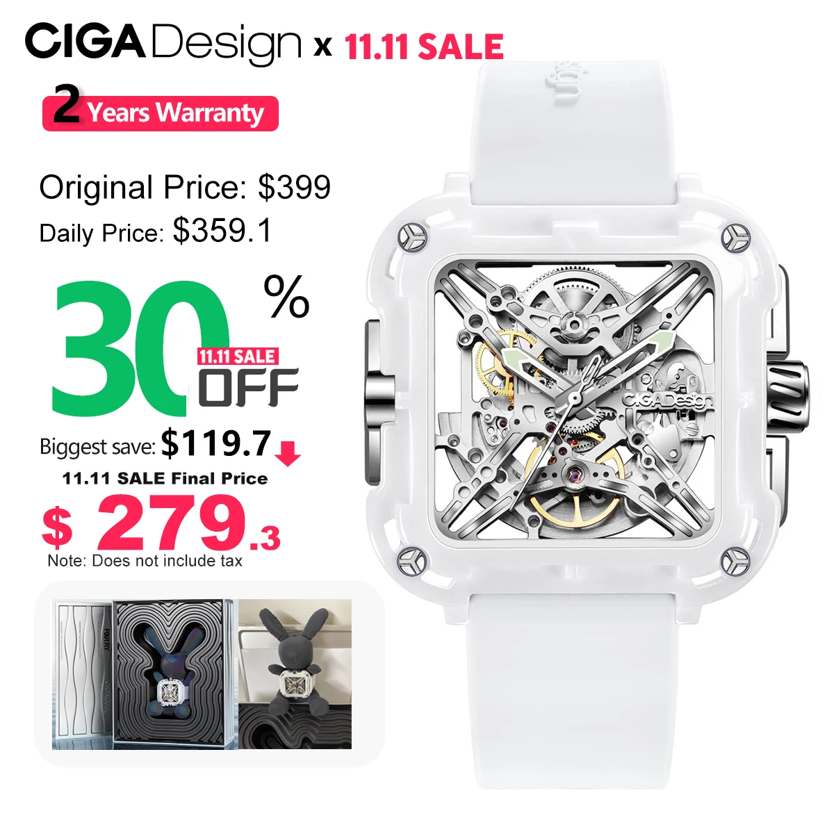 CIGA Design Ceramic White Mechanical Watches for Women X Series Automatic Movement Luminous Skeleton Ladies Watch Silicone Strap