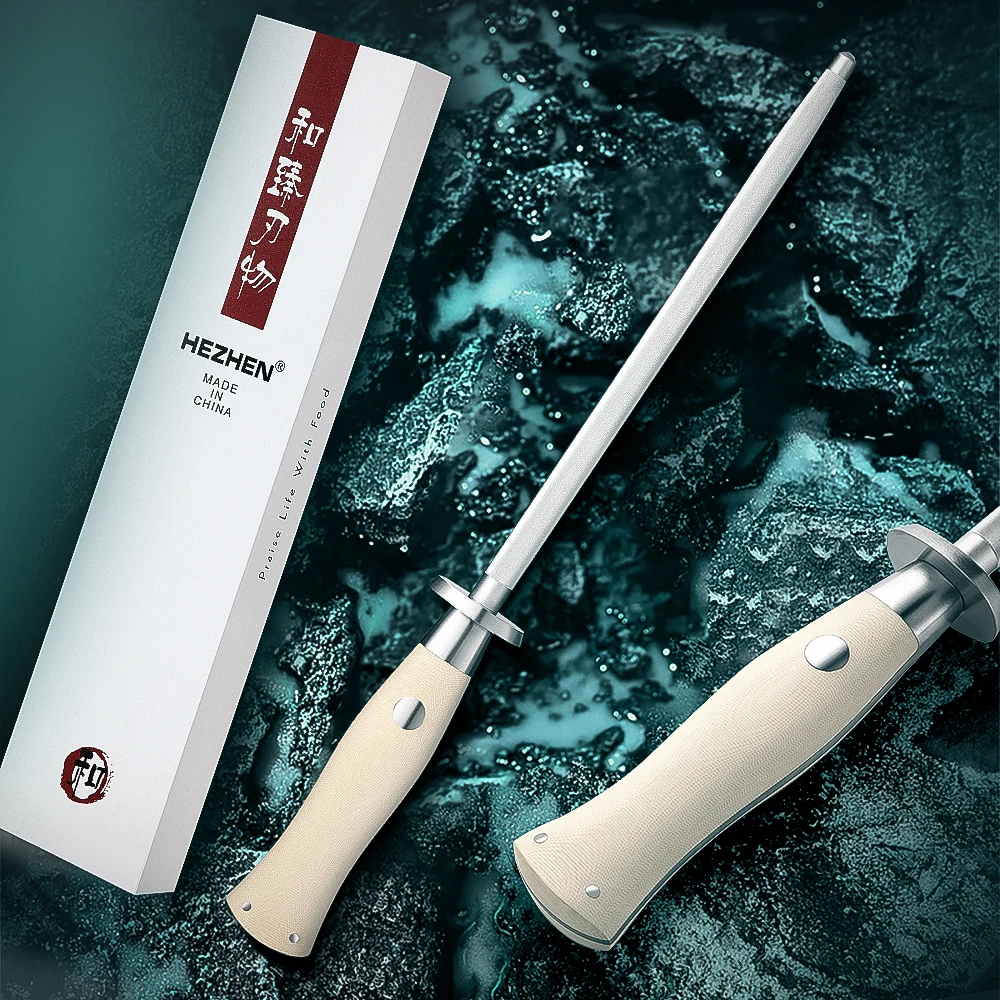 

HEZHEN 361mm Professional Honing Rod -High Carbon Steel Hard Chrome Plated with New Ivory White G10 Handle for Knife Maintenance