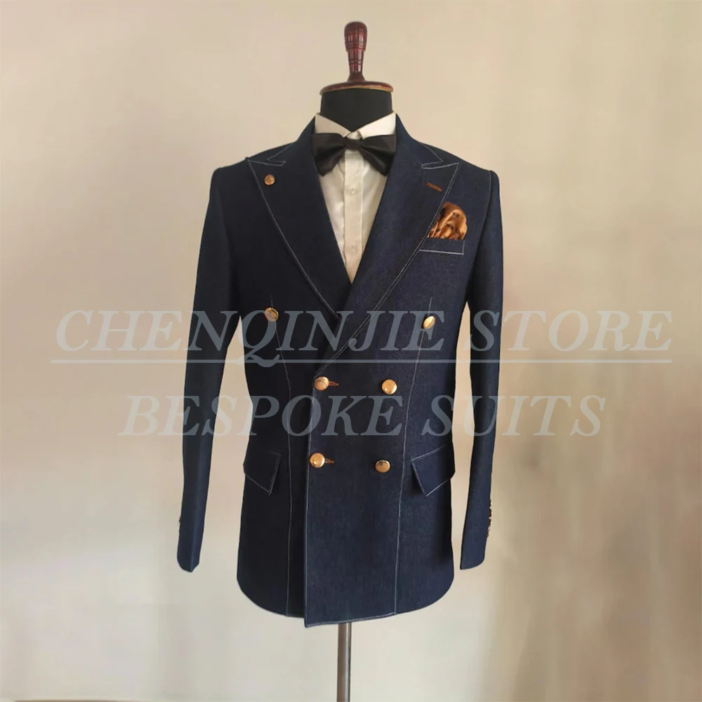 

Smart Casual Suits for Men 2026 Denim Double Breasted Peak Lapel Loose Fit 2 Piece Jacket Pants Male Clothing Costume Homme