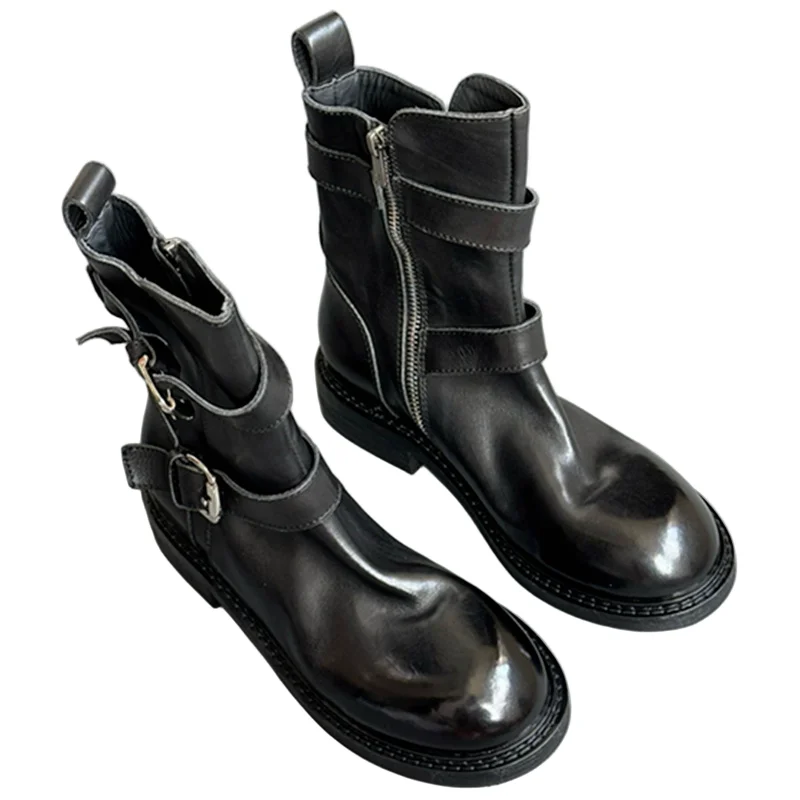 

Withered Italian Handmade Motorcycle Boots Shoes Women Autumn And Winter Retro Washed Horse Leather Ankle Boots Women