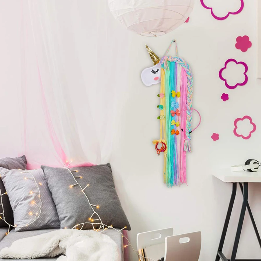 Einhorn, Haarspange für Mädchen und Aufbewahrung für Haaraccessoires, Wanddekoration für das Zimmer, Aufbewahrungsregal für Haarbänder, niedliches, handgefertigtes Filzprodukt. – Detail 9