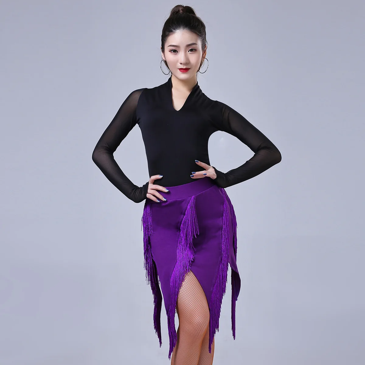 Womens Fringed Latin Dance Skirt Lady Solid Color Split Tassels Skirts Cha-cha Samba Tango Jazz Dance Stage Performance Costume